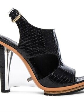 Rodarte Embossed Croc Leather Black Croc-Effect Slingback Heels: Size 9